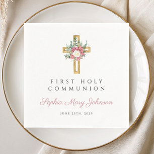 Serviette En Papier Première communion fille croix florale élégante