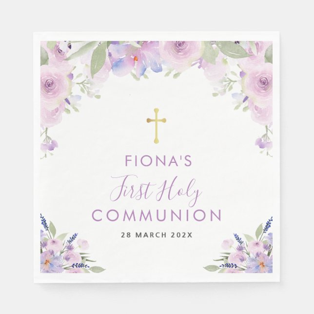 Serviette En Papier première communion florale pourpre (Devant)
