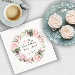 Serviette En Papier Première communion florale rose rustique