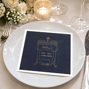 Serviette En Papier Première communion garçon bleu marine Croix vintag