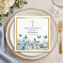Première communion garçon Croix d'or florale bleue