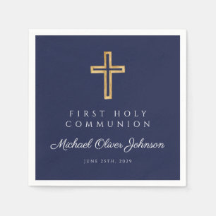 Serviette En Papier Première communion religieuse bleue élégante