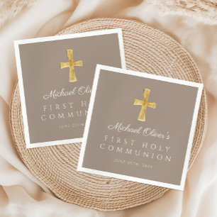 Serviette En Papier Première communion religieuse croix élégante taupe