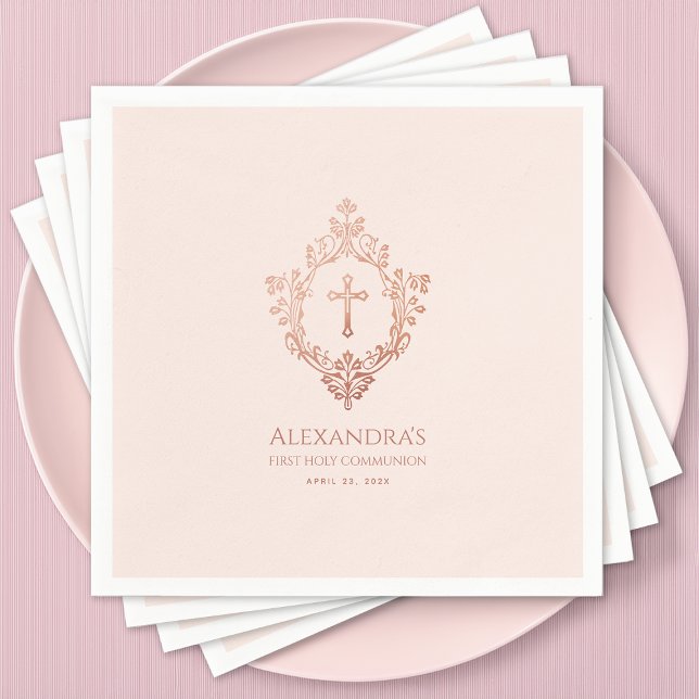 Serviette En Papier Première Communion rose fille Rose Gold Crest Élég (Créateur téléchargé)