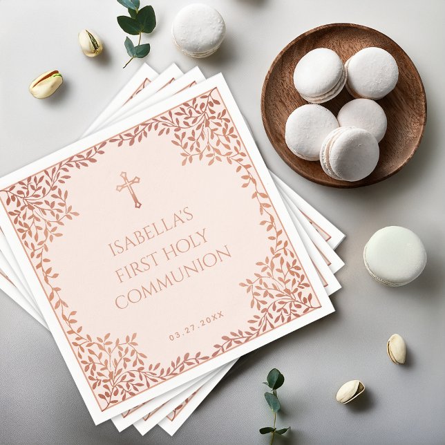 Serviette En Papier Première Communion Rose Rose Gold Feuilles Élégant (Créateur téléchargé)