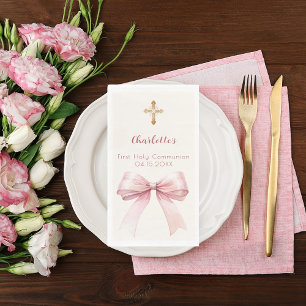 Serviette En Papier Première communion ruban rose croix crème