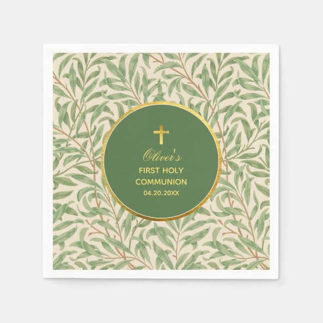 Serviette En Papier Première Communion Vert Faux Or Feuillage Vert (Devant)