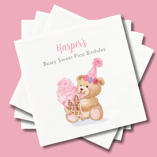 Serviette En Papier Première fille d'anniversaire Teddy Bear Crème de 