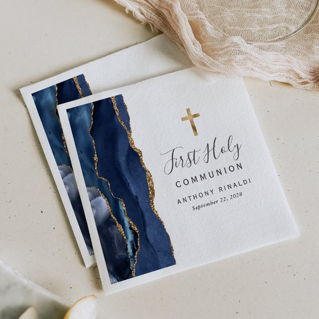 Serviette En Papier Première Sainte Communion Agate Bleu Marine Or (Créateur téléchargé)