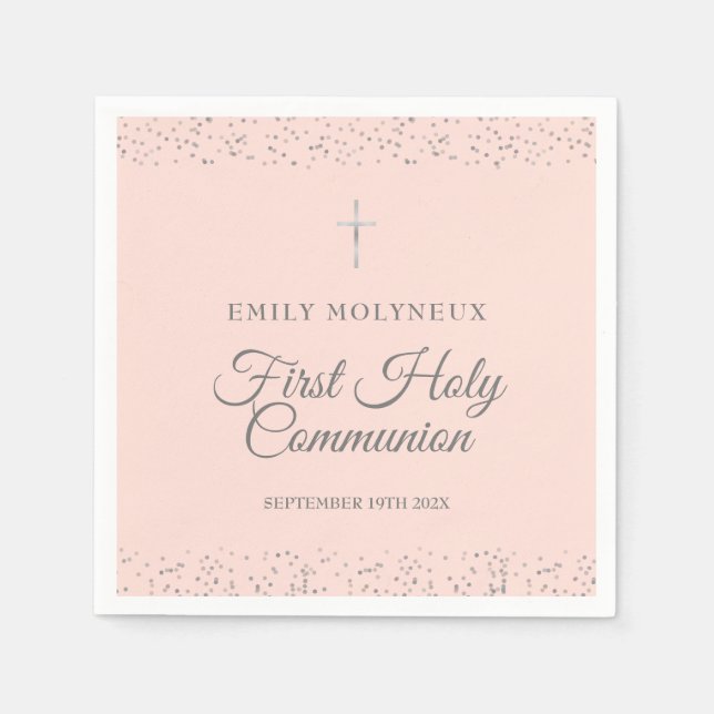Serviette En Papier Première Sainte Communion Blush Pink Silver Stardu (Devant)