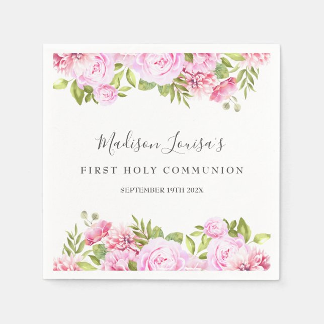 Serviette En Papier Première Sainte Communion Bois Rose Floral (Devant)