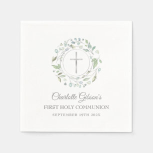 Serviette En Papier Première Sainte Communion Croix d'Argent Feuillage