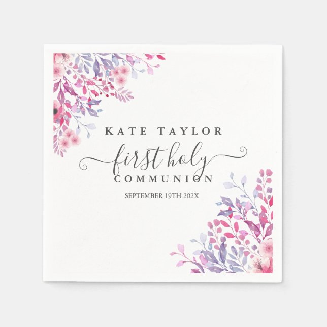 Serviette En Papier Première Sainte Communion Lavande Fleurs sauvages  (Devant)