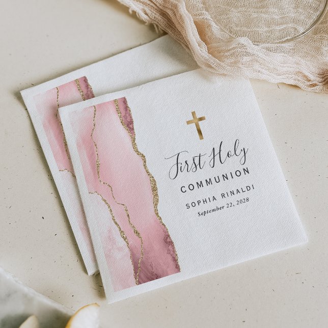 Serviette En Papier Première Sainte Communion Rose Pâle Agate Or (Créateur téléchargé)