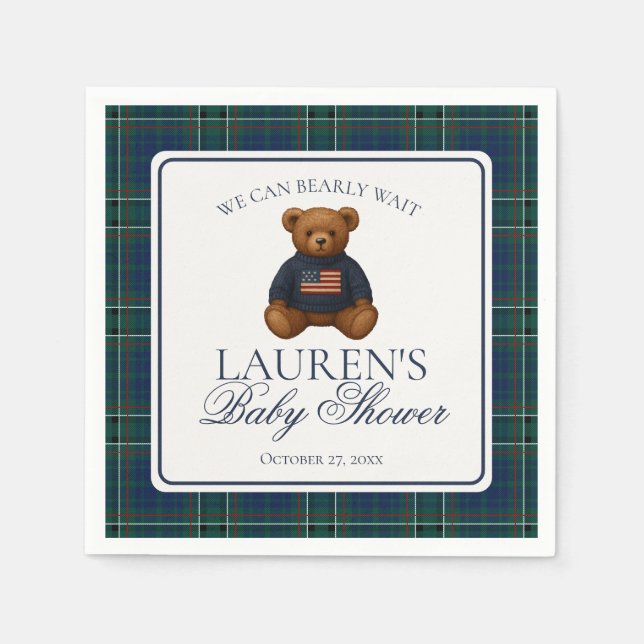 Serviette En Papier Preppy Bear Tartan Pattern Boy Baby Shower (Devant)