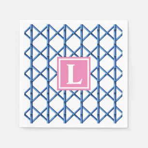 Serviette En Papier Preppy Blue Trellis Bamboo Motif Monogramme