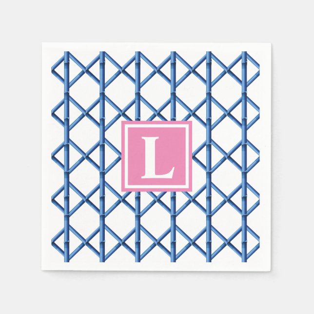 Serviette En Papier Preppy Blue Trellis Bamboo Motif Monogramme (Devant)