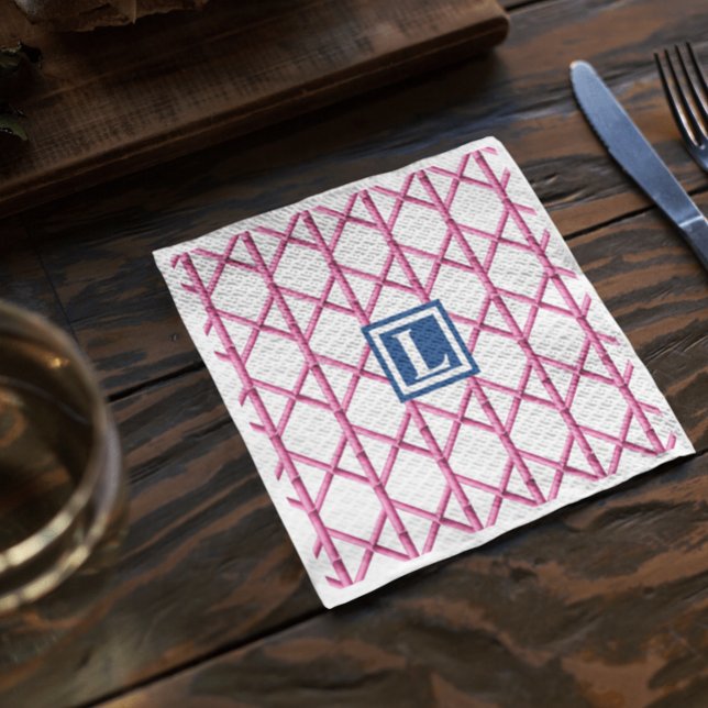 Serviette En Papier Preppy Rose Navy Trellis Bambou Motif Monogramme (Créateur téléchargé)