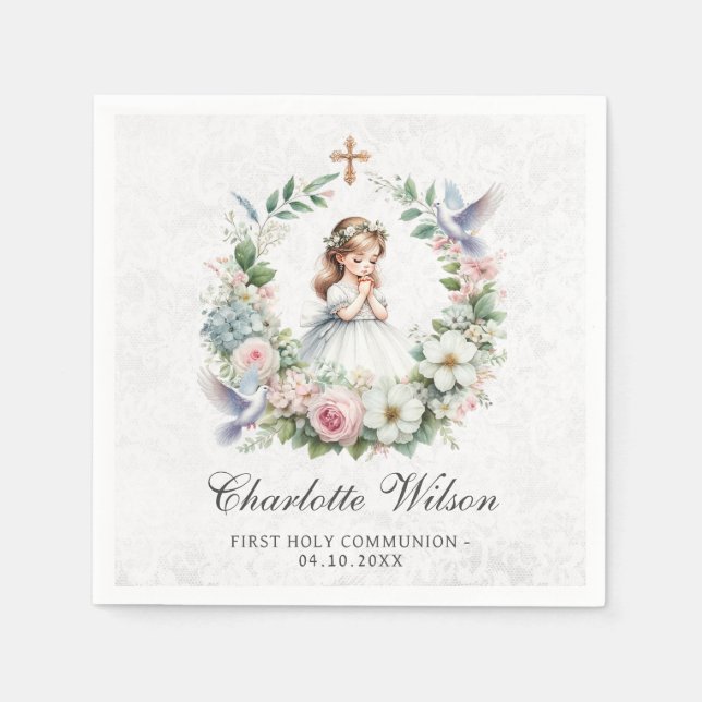 Serviette En Papier Prier Fille Doves Blanches Floral Première Communi (Devant)