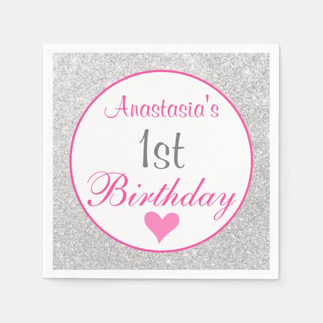 Serviette En Papier Princess Pink & Silver Parties scintillant 1er ann (Devant)
