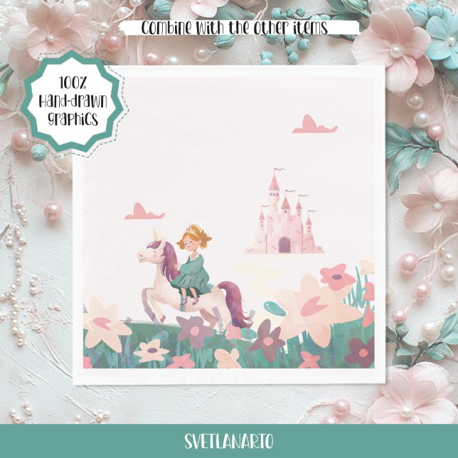 Serviette En Papier Princess Riding Unicorn Paper Napkins (Frontal view)