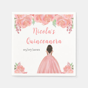 Serviette En Papier Princesse à peau foncée Fleurs roses Quinceanera