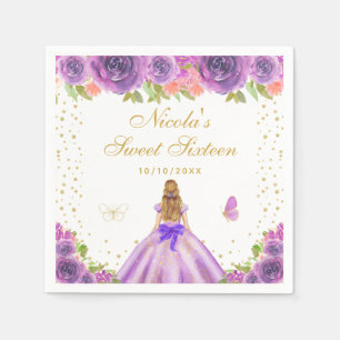 Serviette En Papier Princesse aux Cheveux Blonds Fleur Violette Sweet