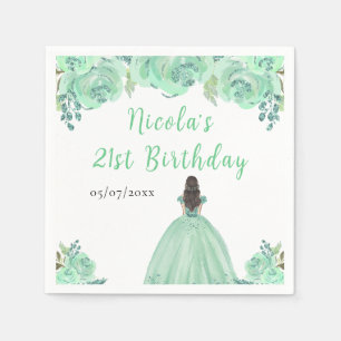 Serviette En Papier Princesse aux Cheveux Bruns Fête d'Anniversaire Fl
