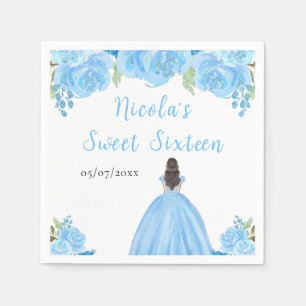 Serviette En Papier Princesse aux Cheveux Bruns Fleurs Florales Bleues