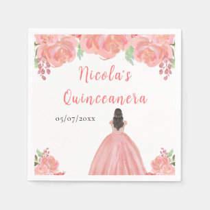 Serviette En Papier Princesse aux Cheveux Bruns Quinceanera Floral Ros