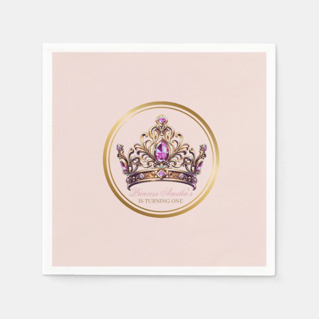 Serviette En Papier Princesse Couronne d'or rose 1er anniversaire (Devant)