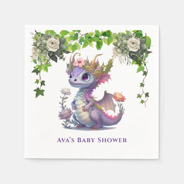 Serviette En Papier Princesse Dragon avec Florals Girl Baby shower (Devant)