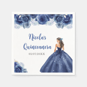 Serviette En Papier Princesse Florale en robe bleu marine Quinceanera