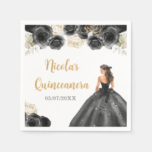 Serviette En Papier Princesse Florale en Robe Noire Quinceanera