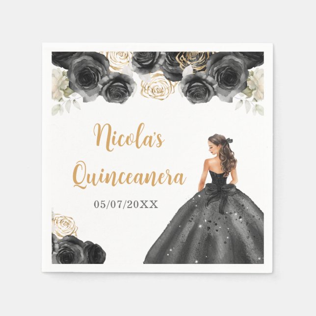 Serviette En Papier Princesse Florale en Robe Noire Quinceanera (Devant)