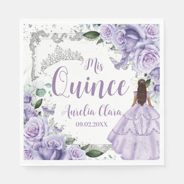 Serviette En Papier Princesse Florale violette Silver Quinceañera 16 1 (Devant)
