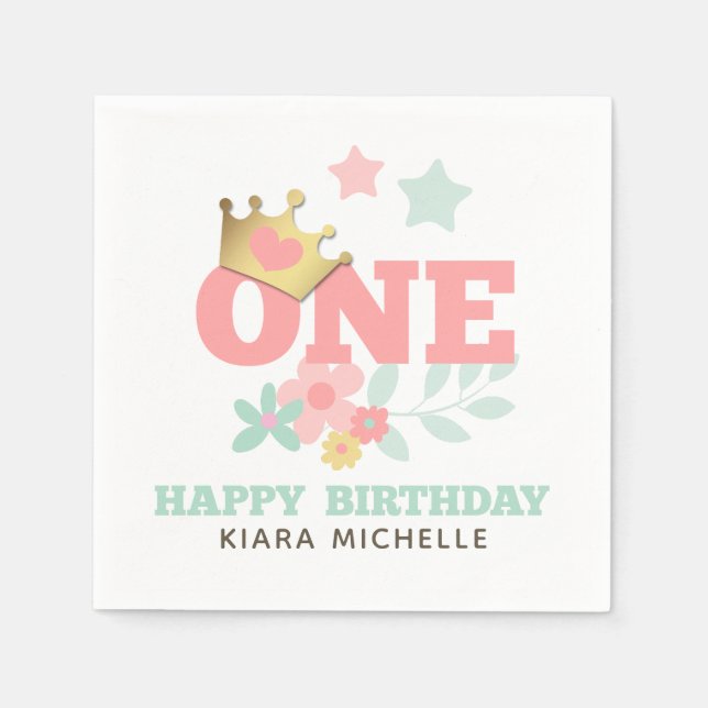 Serviette En Papier Princesse rose "One" Crown Baby Girl Premier anniv (Devant)