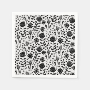 Serviette En Papier Protea Floral Block Imprimer Millefleur noir blanc