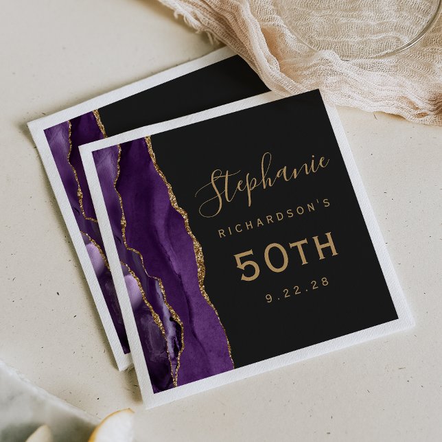 Serviette En Papier Purple Agate Gold Script Dark 50e anniversaire (Créateur téléchargé)