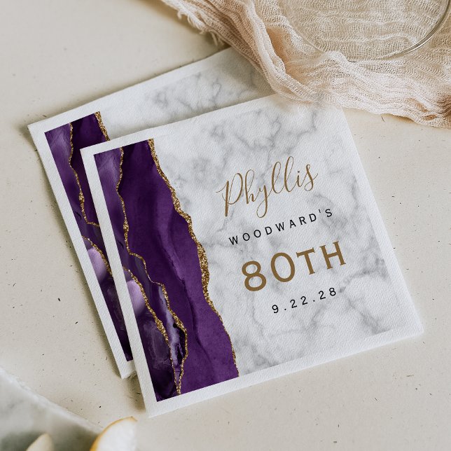 Serviette En Papier Purple Agate Marbre Or Script 80e anniversaire (Créateur téléchargé)