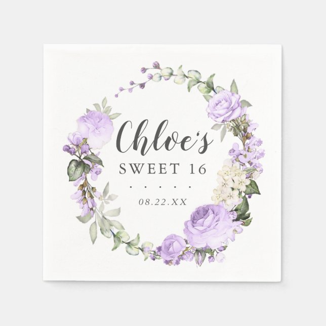 Serviette En Papier Purple Blanc Floral Wreath Sweet 16 Party (Devant)