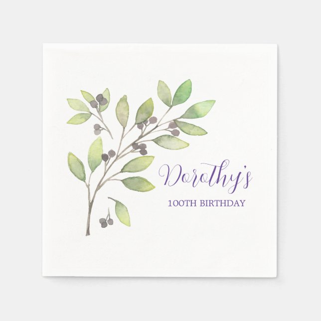 Serviette En Papier Purple Botanical 100e fête d'anniversaire (Devant)