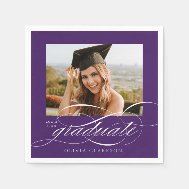 Serviette En Papier Purple Elegant Script Photo Graduation Party (Devant)