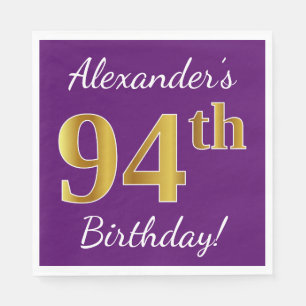Serviette En Papier Purple, Faux Gold 94e anniversaire + Nom personnal