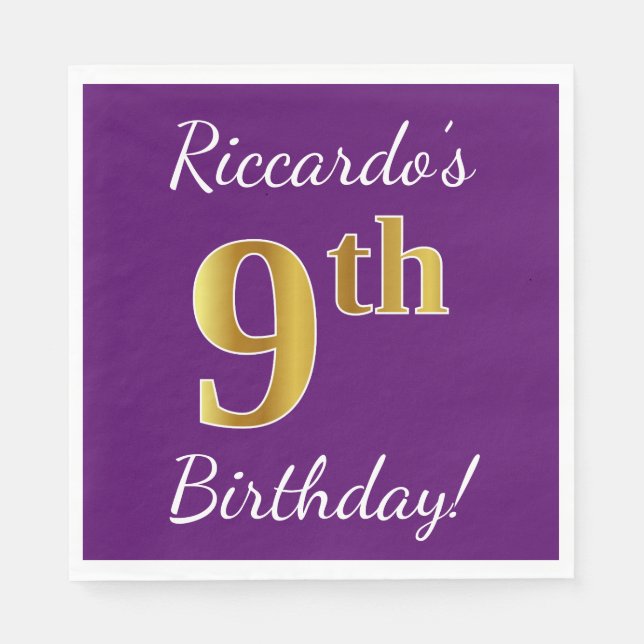 Serviette En Papier Purple, Faux Gold 9e anniversaire + Nom personnali (Devant)