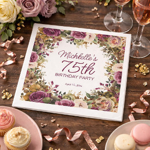 Serviette En Papier Purple Floral Green Feuilles 75e anniversaire