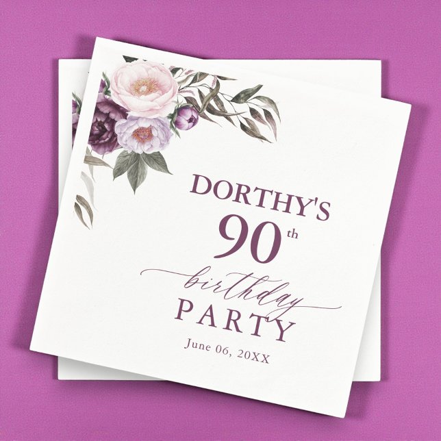 Serviette En Papier Purple Floral Script 90th Birthday  (Créateur téléchargé)