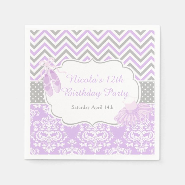 Serviette En Papier Purple & Grey Chevron Ballerina Anniversaire (Devant)
