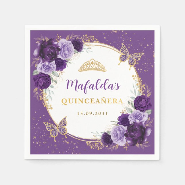 Serviette En Papier Purple Lilac Gold Flowers Quinceanera Anniversaire (Devant)
