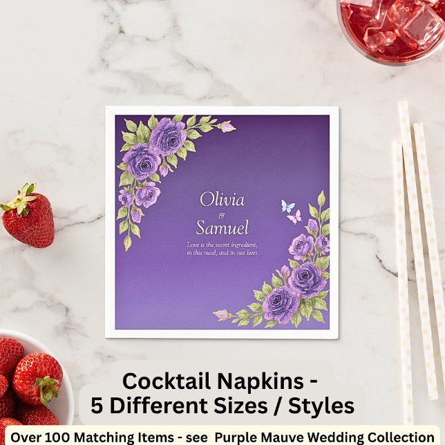 Serviette En Papier Purple Mauve Flowers & White Wedding  Cocktail  (Créateur téléchargé)